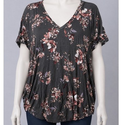 24/7 Comfort Apparel Womens Top Gray Floral V-Neck Short Sleeve Plus 4X