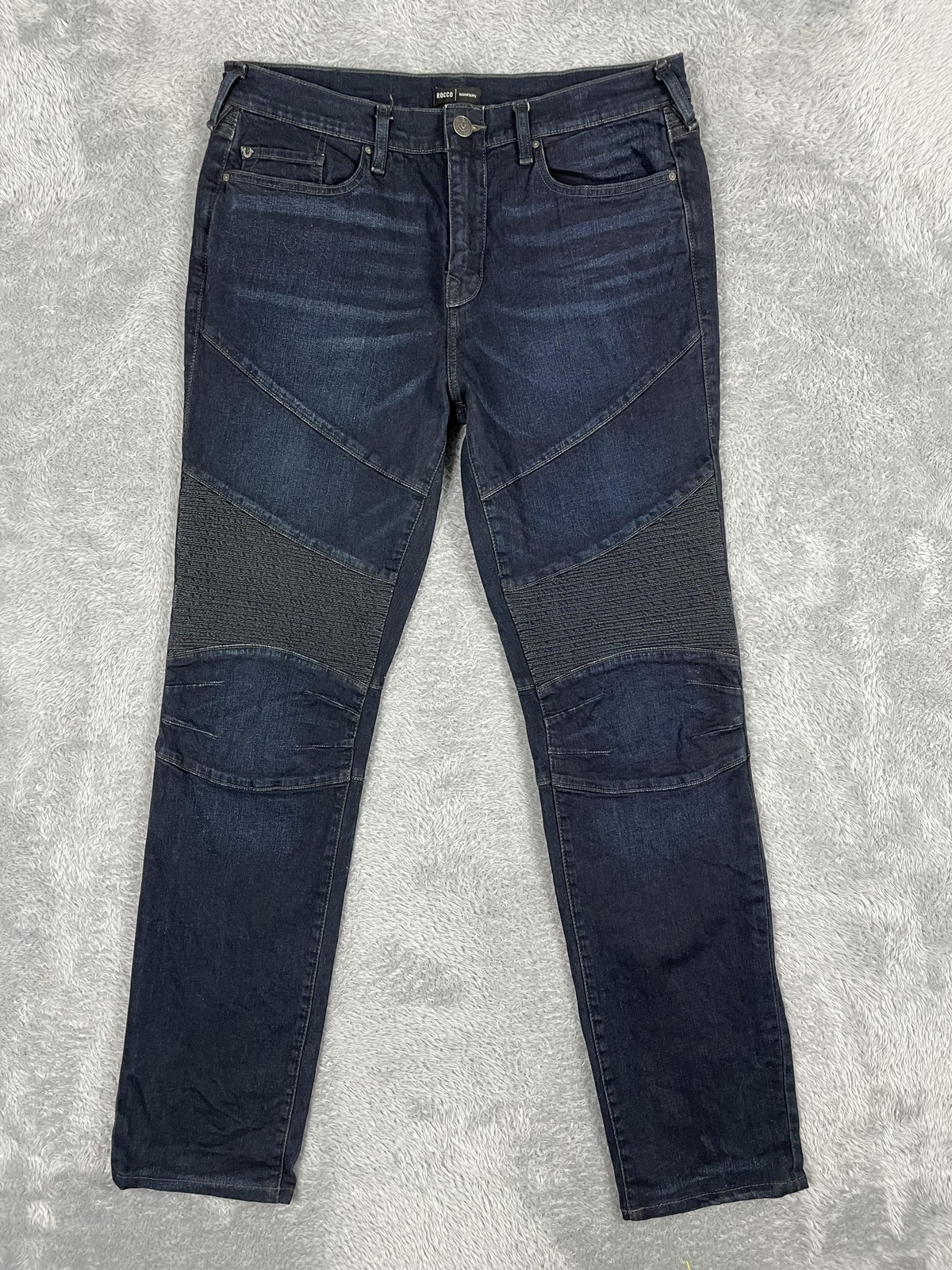 True Religion Rocco Moto Jeans Mens 34x32* Blue Relaxed Skinny Biker Zip Denim
