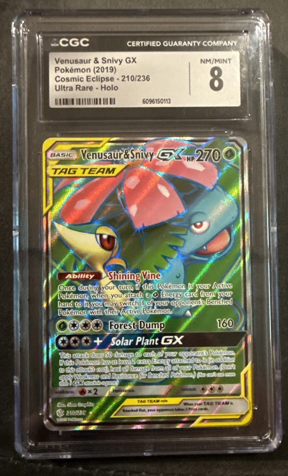 Venusaur & Snivy GX Full Art Holo tag team 210/236 Sm-Cosmic Eclipse Mint 8