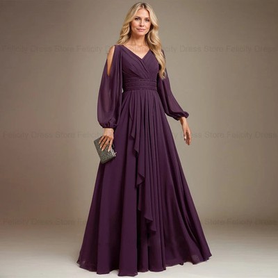 Custom Elegant Mother of the Bride Dress Chiffon Aline VNeck Long Wedding Guest 