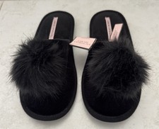 Women's NWT Victoria's Secret Black Velvet Pom Pom Mule Slippers Size Small 5-6