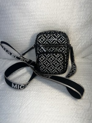 Michael Kors Jet Set Med Metallic Logo Jacquard Crossbody In Black And Silver