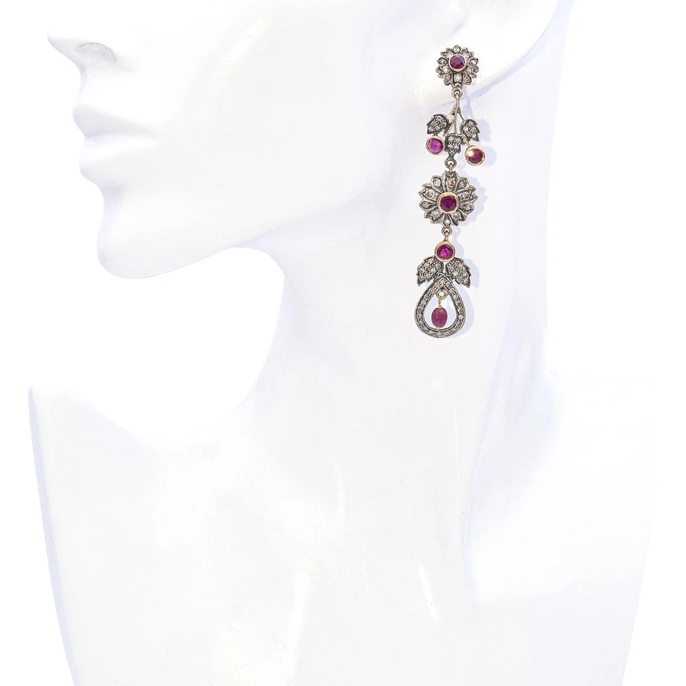 Vintage Ruby and Diamond Floral Drop Earrings - Image 2 of 4