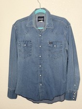 Vintage Wrangler Pearl Snap Western Denim Shirt Mens M/L Blue Cowboy Rodeo