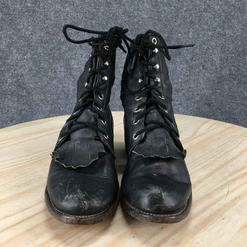 Justin Boots Womens 6.5 B Combat Black Round Toe Lace Up Comfort Ankle Top Block - Picture 9 of 18