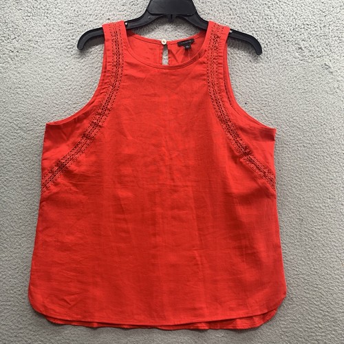 Ann Taylor Womens M Top Linen Red Sleeveless Blouse Crew Neck Eyelet Back Button