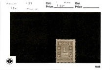 Norway, Postage Stamp, #J1 Mint Hinged, 1915 Postage Due (AH)