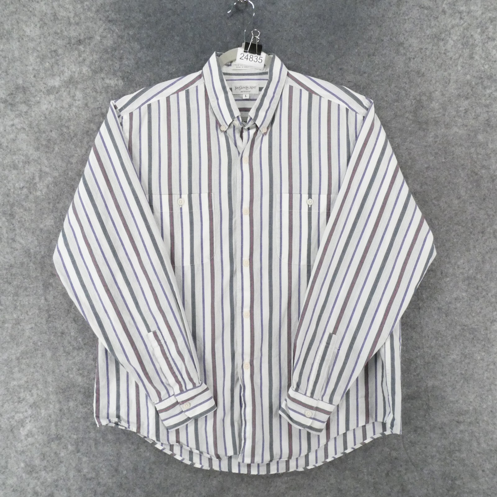 Yves Saint Laurent Camicia Uomo Grande Manica Lunga Bianco Grigio Viola Rigato