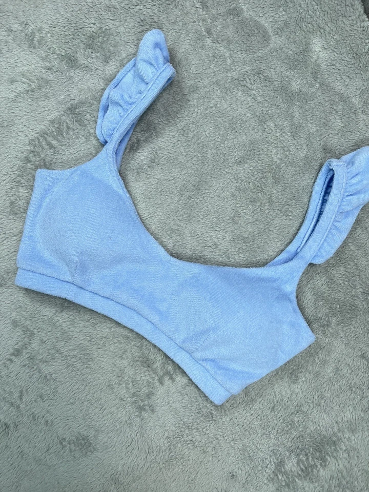 Nuevo sin etiquetas Top de bikini de natación Bar III tela de felpa francesa OTS volantes XS azul para mujer Foto 2 de 4