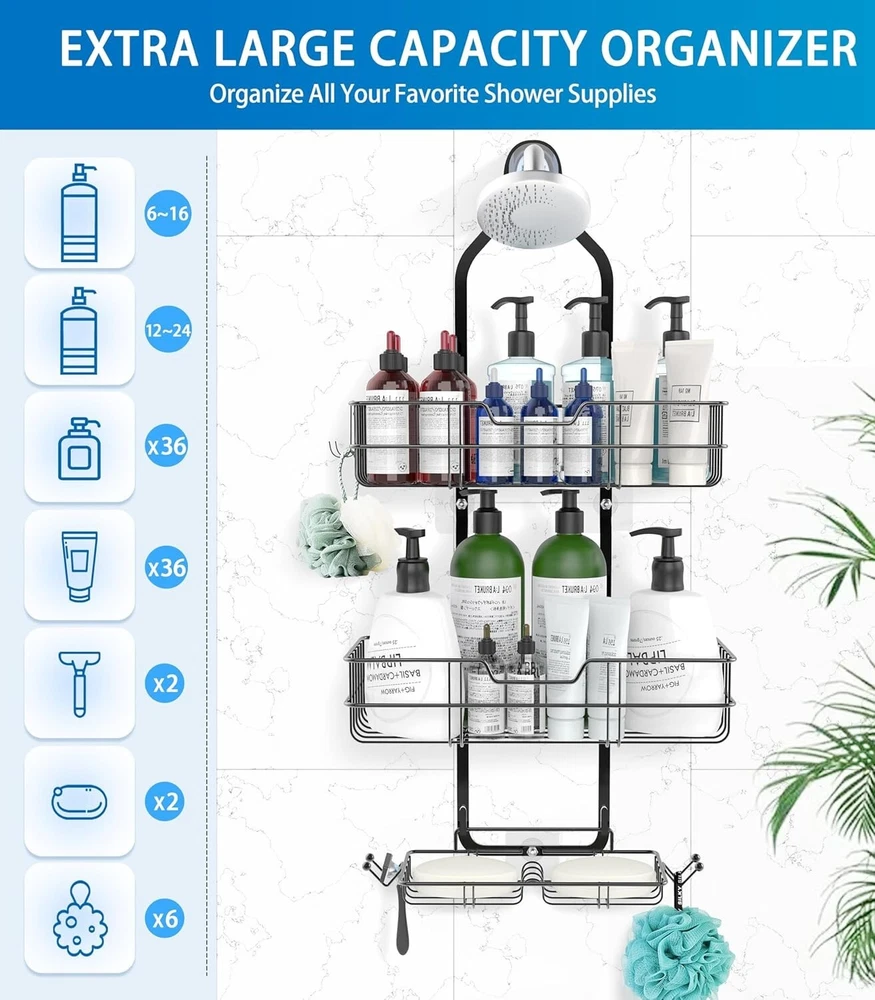 shower caddy over shower head 3 tier rustproof hanging shower organizer with
