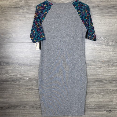 LuLaRoe Julia Dress Women's Size Small Gray W/ Turquoise Color Floral Sleeves - Picture 7 of 9