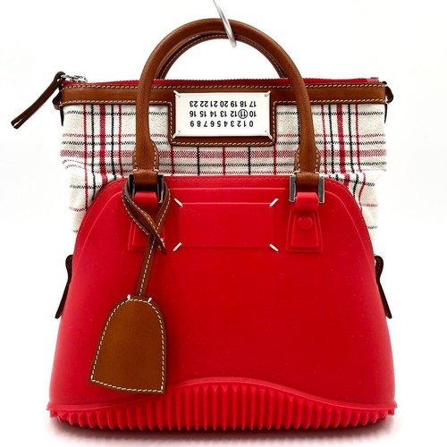 Maison Margiela 2way Handbag Shoulder Bag Canvas Rubber Leather Check Red - Picture 2 of 9