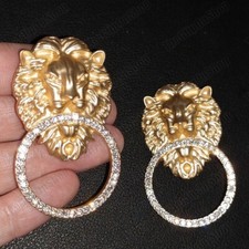 CLIP ON big CRYSTAL ENCRUSTED doorknocker hoops MATTE GOLD LIONS non-pierced