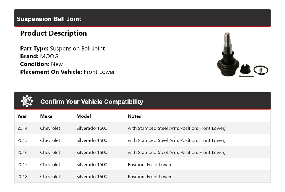 Para 2014-2018 Chevrolet Silverado 1500 junta esférica de suspensão dianteira inferior MOOG - Imagem 2 de 4