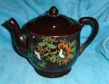 Vintage Ceramic Tea Pot Japan Brown Floral Design Mid Century 6.5" X 4" X4" H