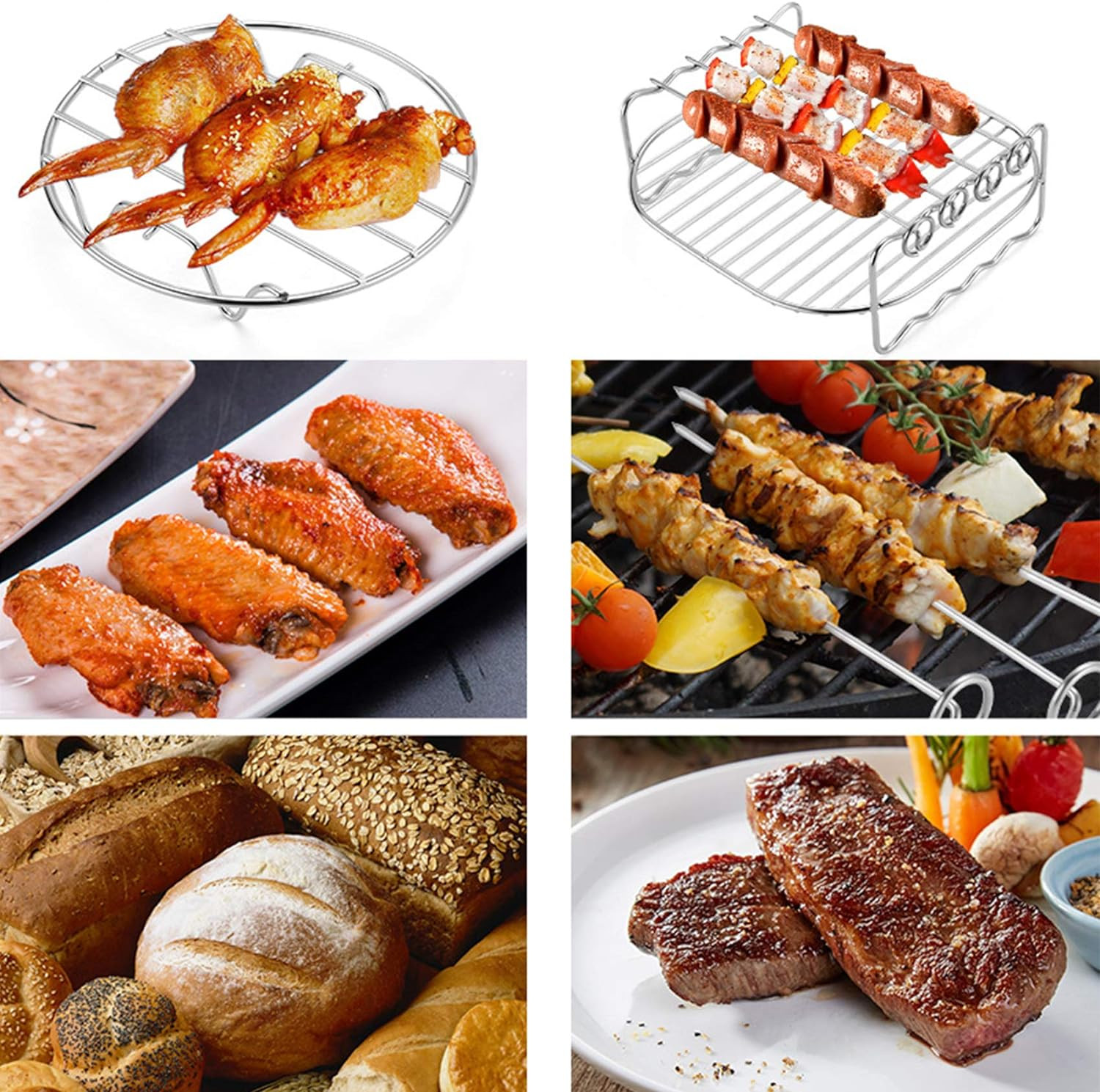 Multipurpose Air Fryer Accessories - 6'' Set of 3 Double Layer Racks with Skewer