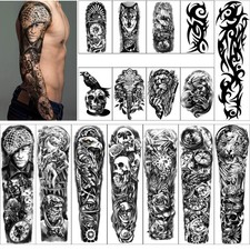 16 Sheets Full And Half Arm Temporary Tattoos Waterproof Extra Large Body Sti...