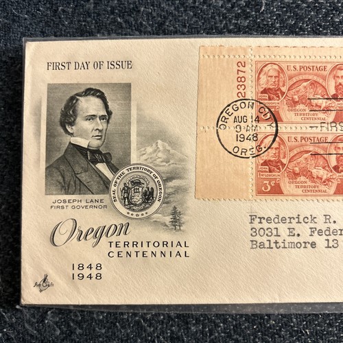 #964 Oregon Territorial FDC, ArtCraft Cachet Block of 4 - Picture 2 of 3