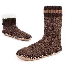 Cozylook Mens Slipper Socks Fleece Lined Non-slip Soles, 12-13 Cable Knit Brown