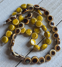 2 Strands 56pcs 12mm Porcelain Beads Flat Round Ceramic Brown Yellow Supplies