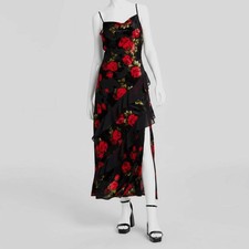 BCX Women's Black Rose Printed Tiered Ruffled Velvet Maxi Dress Size L