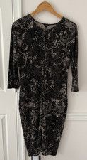 Ann Taylor Dress Fitted Black Lace Pattern Ruched Zip Front 3/4 Sleeve 12 Comfy