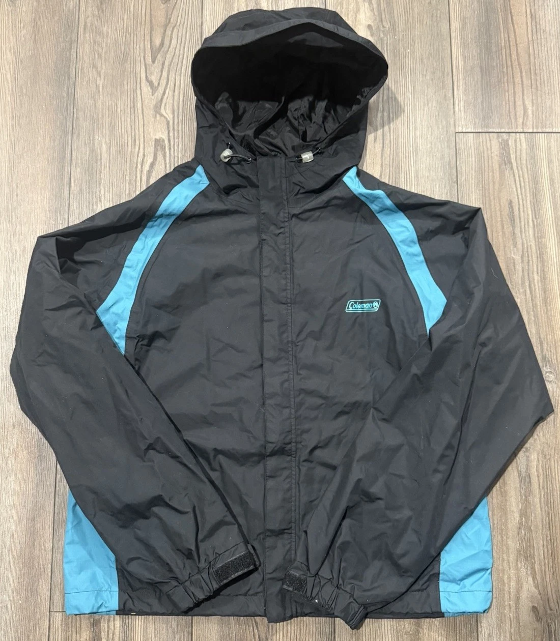 Coleman Outdoor Nylon Windbreaker Jacket Black Blue Hooded Medium Waterproof