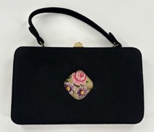 Vintage Black Structured Handbag Floral Needlepoint Accent Pink Purple Purse