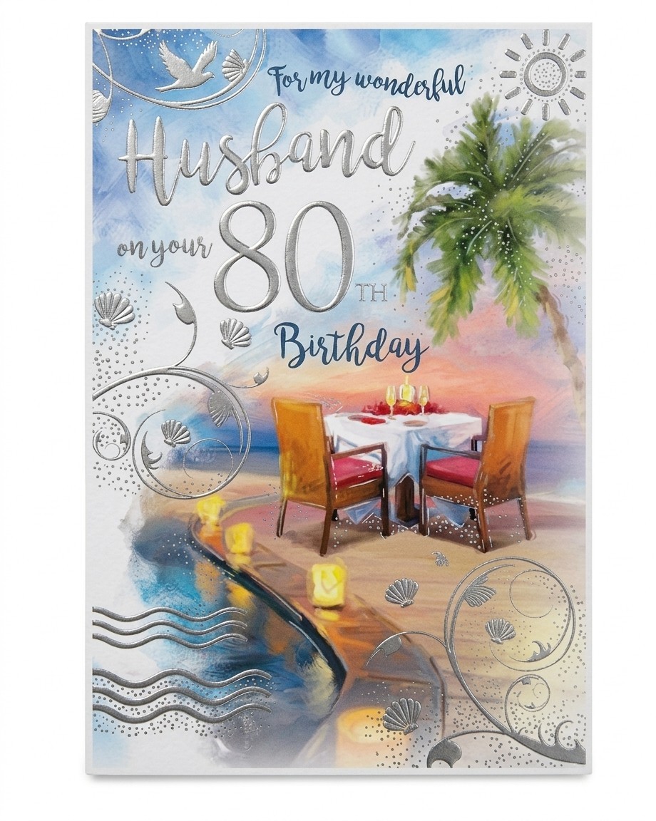 Birthday Card HUSBAND 80th *9 Inch Card, Silver embossed, Paper pages inside*