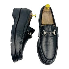 Gucci Black Leather Horsebit Lug Sole Loafers Mens Slip On EU 42 US 9 ITALY