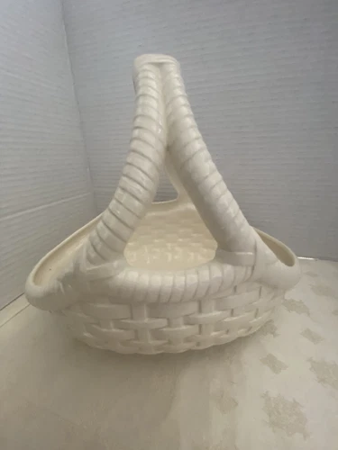 Vintage Hand Crafter White Basket Weave Ceramic Basket 