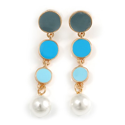 Blau/grau/aquamarin Emaille abgestufte Scheibe Ohrhänger in goldfarben - 55 mm lang