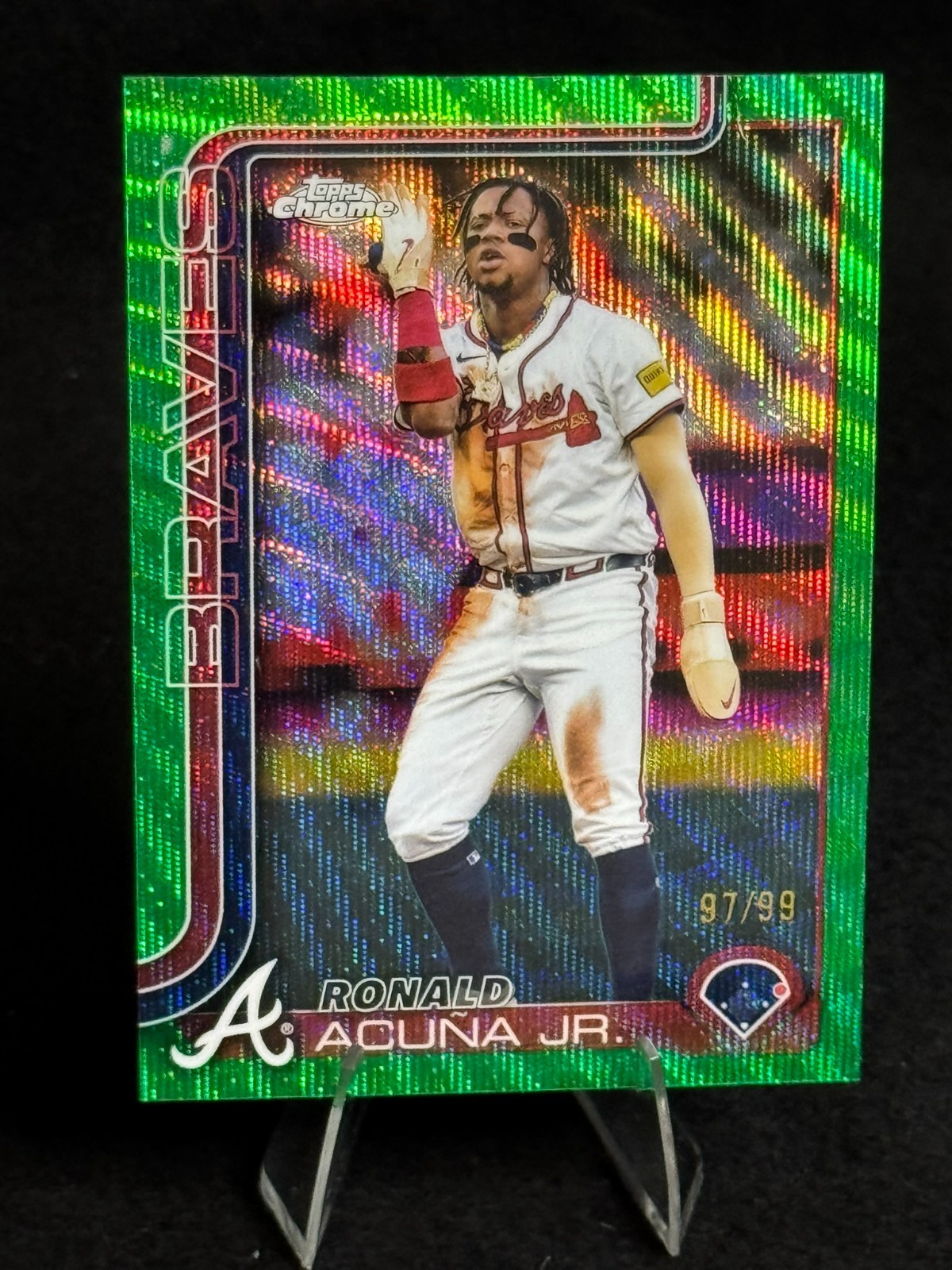 2025 Topps Chrome #257 Ronald Acuña Jr. (ACUNA) Green Raywave Refractor /99