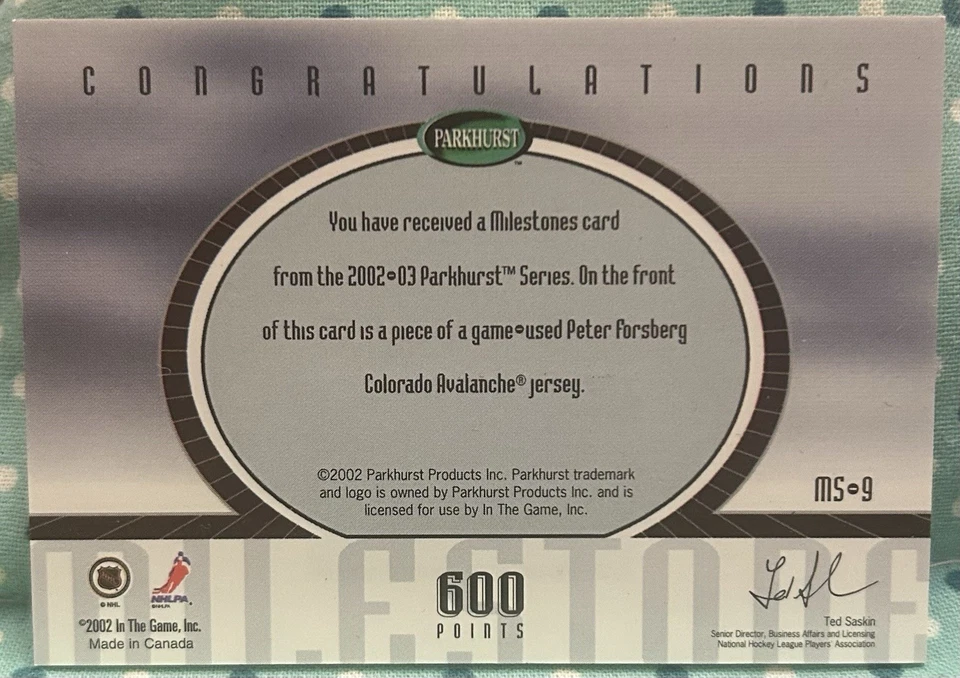 PETER FORSBERG 2002-03 In The Game Parkhurst Milestones Game-Used Jersey Relic - Image 2 of 2