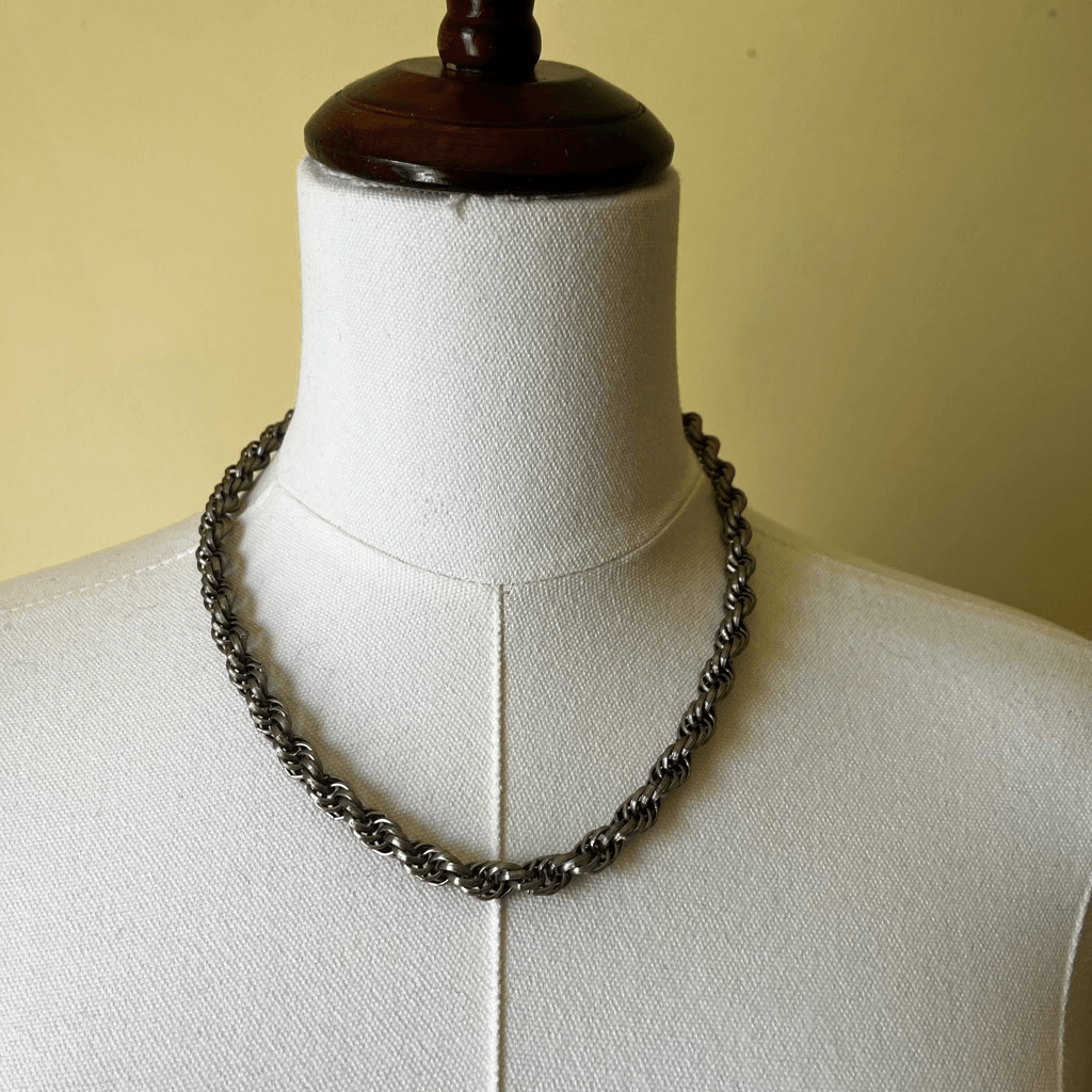 Vintage Silver Rope Twist Chain Necklace 19” Fold Over Clasp Unisex Indie Grunge