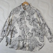 H&M Floral Print Blouse Shirt Womens XL Ivory and Black Long Sleeve Oversized