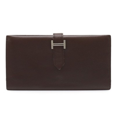 HERMES BEARN Classic Bi Fold Wallet Veau Epsom Dark Brown Silver  H Authentic
