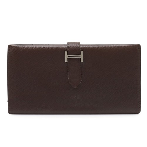 HERMES BEARN Classic Bi Fold Wallet Veau Epsom Dark Brown Silver □H Authentic