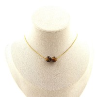 Halskette 2 Perlen Tigerauge 8 Mm. Kette Aus Vergoldetem Edelstahl Halskette
