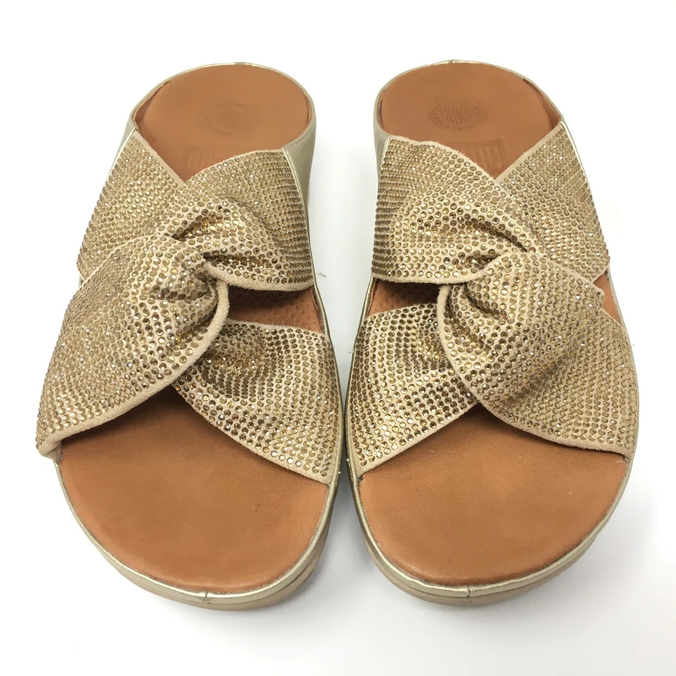 Fitflop Twiss Crystal Flip Flops Sandals Shoes Womens Size 5 Gold Leather Wedge - Image 4 of 4