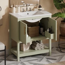 30" Green Bathroom Vanity w Ceramic Sink & Versatile Storage for Small Bathrooms