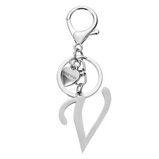 Initial Letter V Keychain Stainless Steel Heart Alphabet Key Ring Silver