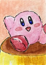 ACEO Original Art Card Kirby Caramel Pudding Watercolor Painting 2.5” x 3.5”