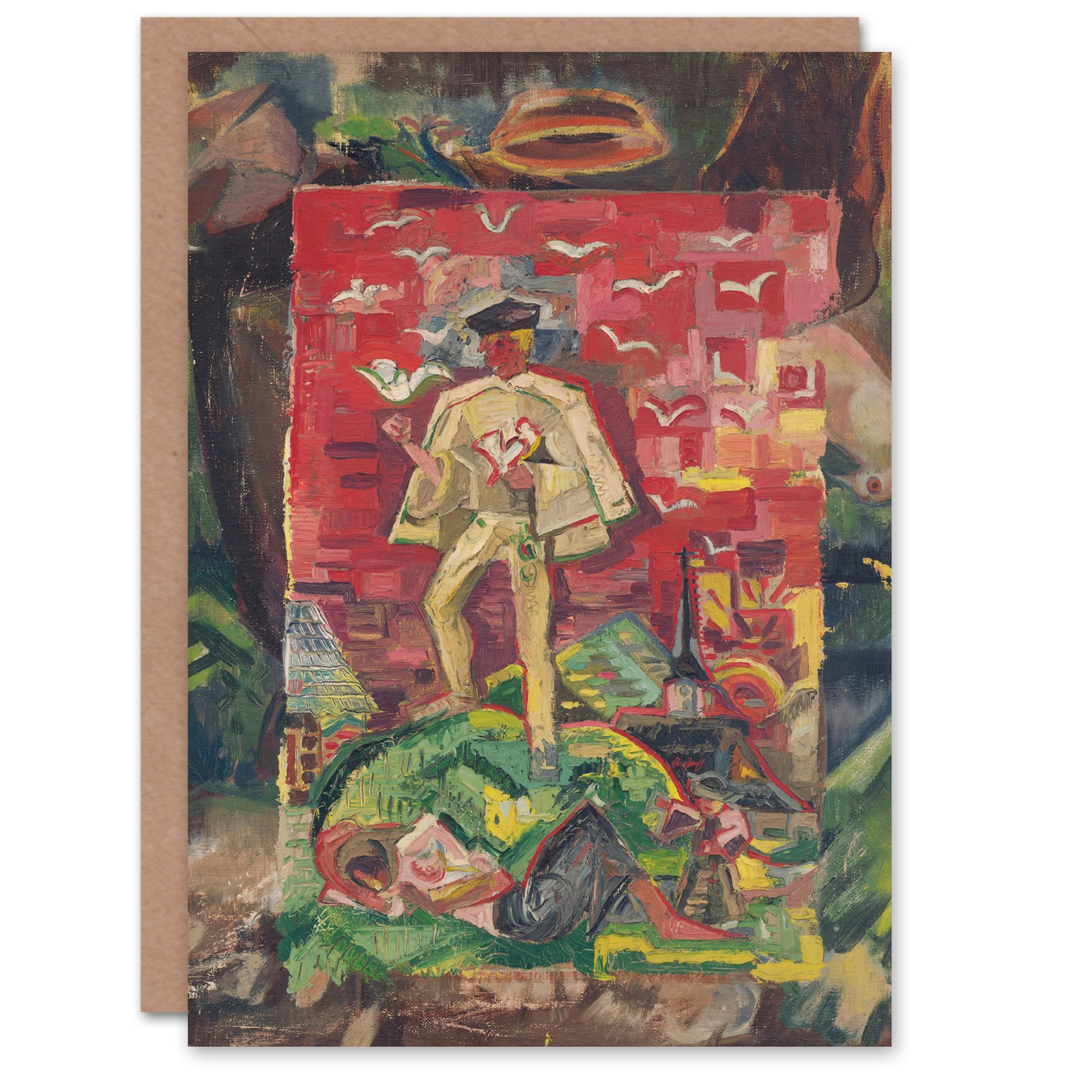Arnold Weisz Kubincan Art Card Man In Folk Costume Surreal Blank Greeting Card