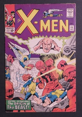 X-Men 15, 1965, Kirby cover, Sentinels 2nd app, Beast origin,  VG/F condition