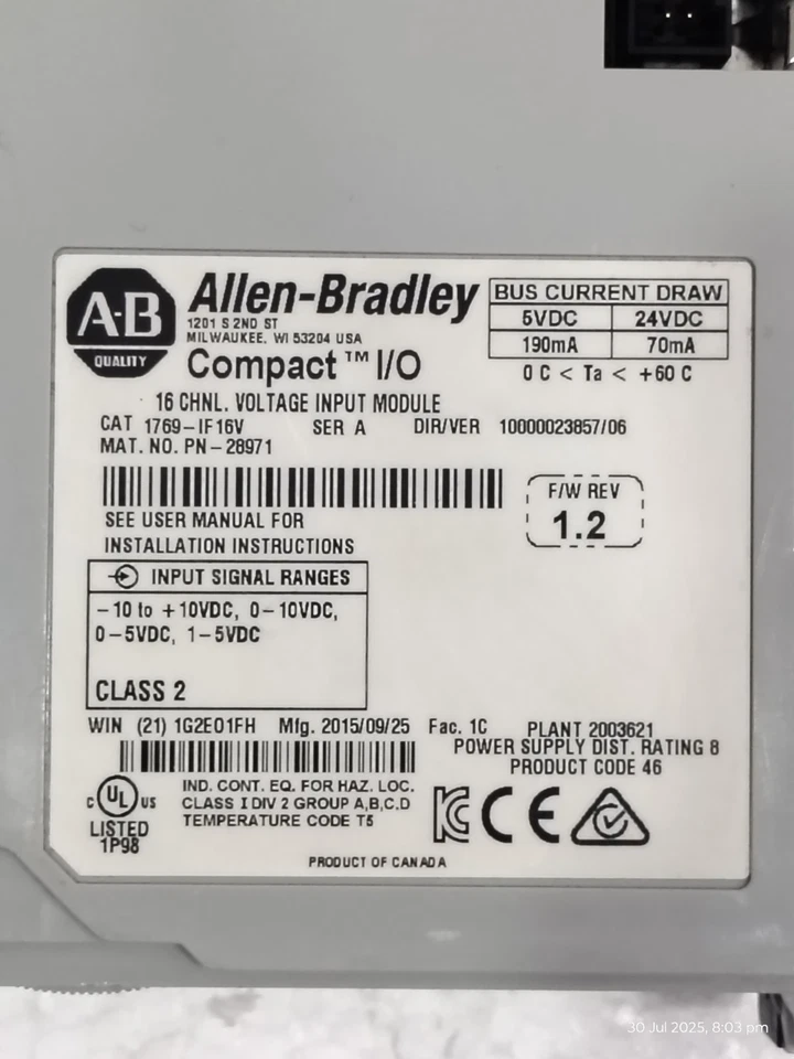 Allen Bradley 1769-IF16V Ser A F/W 1.2 CompactLogix Input PLC Module - Imagen 2 de 4