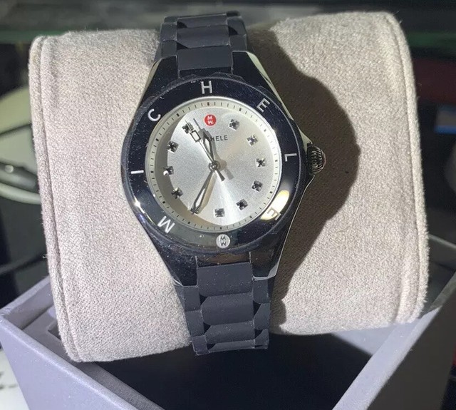 MICHELE TAHITIAN JELLY BEAN Silver ,Black SILICONE BAND WATCH