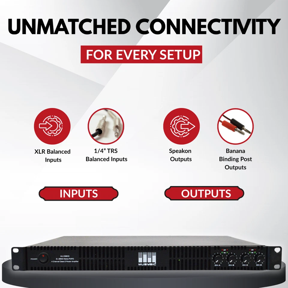 MUSYSIC Power Amp 4-Channel 2x9600 Watts D-Class 1U Power Amplifier MU-D9600 - Image 2 of 4