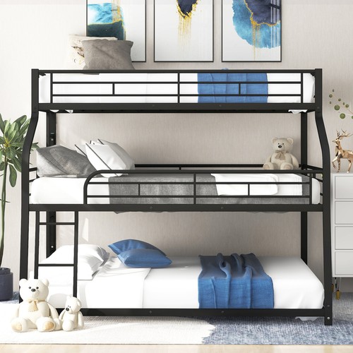 Twin Xl/Full Xl/Queen Triple Bunk Bed w/Long And Short Ladder Guardrails Black