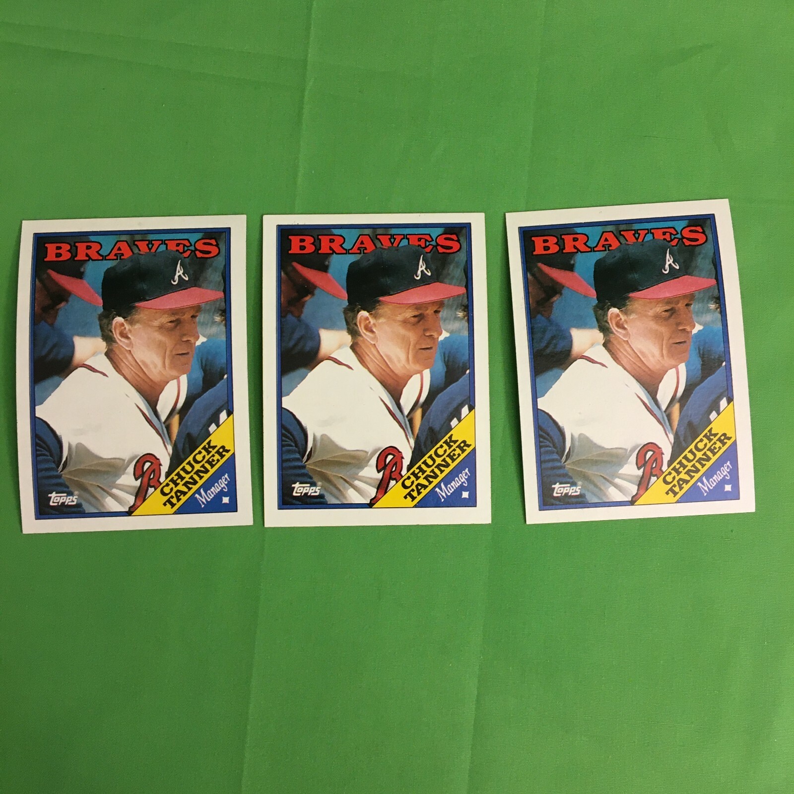 CHUCK TANNER three baseball cards 1988 Topps #13, Atlanta Braves manager
